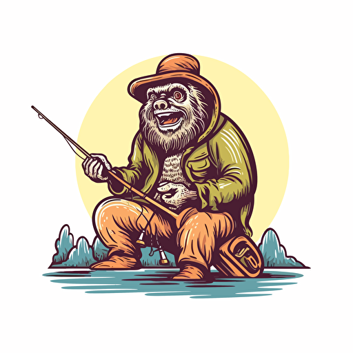 smiling bigfoot with trucker hat posing on one knee holding a rainbow trout with fly rod and net, in style of outdoor logo, isolated on white, no background, vector art