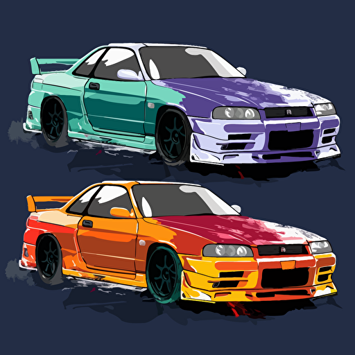 vector style jdm car, multi color background, high quality, highlight color, limited colors,