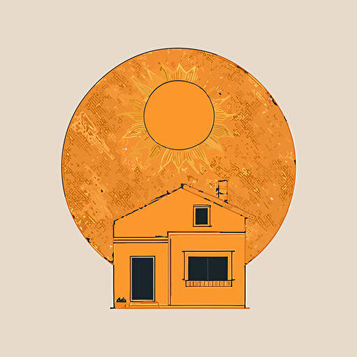 minimalist vector line logo of an orange sun with no rays above a small house in the style of ivan chermayeff