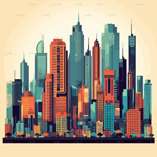 vector, 2d, carton city skyline with skyscrapers, illustrator style, minimalist, flat