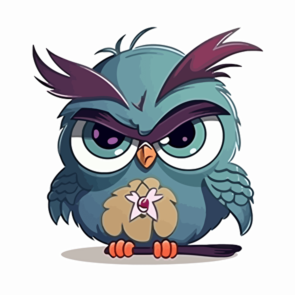 female grumpy owl, girl colors, style of children's cartoon, vector art, isolated on white, no background