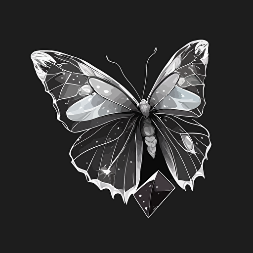 2D cartoon, Black and White, butterfly with crystal wings, Vector Art Style