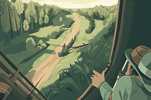 vector illustration in first-person perspective (POV) showing the hands of a person holding a field guide to birds while riding in a green water pipe that transports water to a mine near a forest. The view from above shows the vast emptiness below, with lots of grass and trees. The person is dressed as a forest ranger. Use a limited color palette and include fine details.