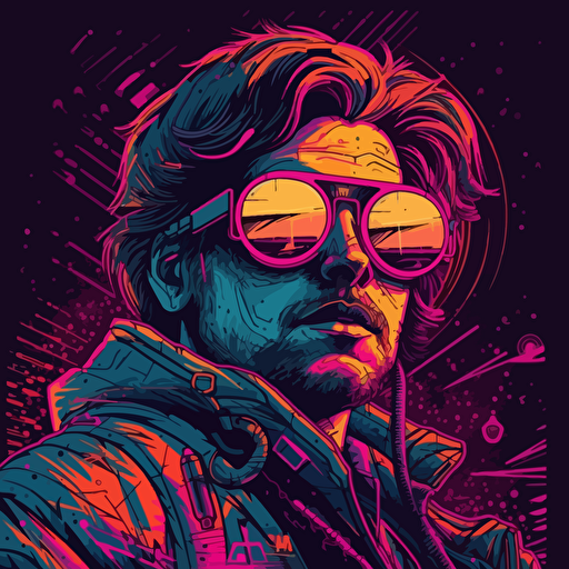 apocolyptic cyberpunk man vector style, psychadelic, 1970's era, vector style