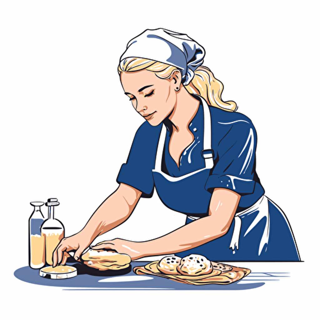 sketch drawing of ukrainian blonde girl working as a pizza maker. Very simple vector art, flat colors.