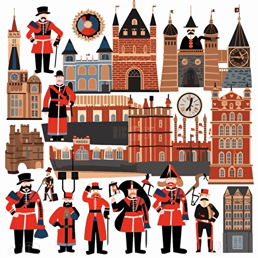 beefeaters yeoman warders, plus tower of london and ravens, a set of stickers paper cutouts for scrapbooking collage. Vector image of Westminster London, full view, highly quality, no text, illustration,