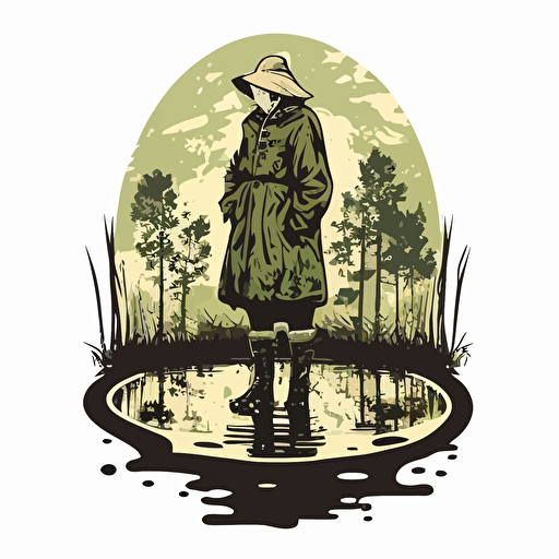 A logo with an old lady in rubber boots standing in a swamp as the symbol. Vector, simple, two-color with white background