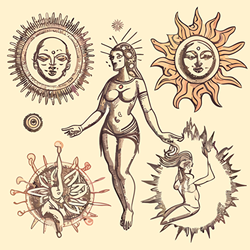 authentic joyful balance wisdom sun moon masculine feminine energy principles asana shankara upanishad veda meditation isometric hand drawn sketches line drawing illustration vector