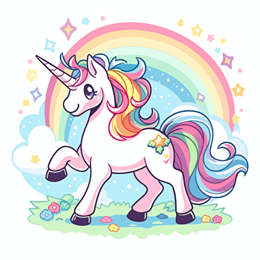 A whimsical cartoon unicorn and rainbow, showcasing a magical unicorn prancing in front of a bright and colorful rainbow, vector illustration,