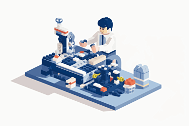 Person in an office playing with a Lego set, flat style illustration for business ideas, flat design vector, industrial, light and magical, high resolution, entrepreneur, colored cartoon style, light indigo and dark indigo, cad( computer aided design) , white background