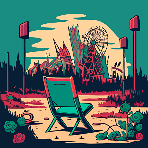 a view of a abandoned city in the background, set from vacant woods in the foreground with a chair facing the foreground, shrubs, trees, dead roses, clouds, broken carnival rides in the distance illustration, drawing, flat illustration, vector style
