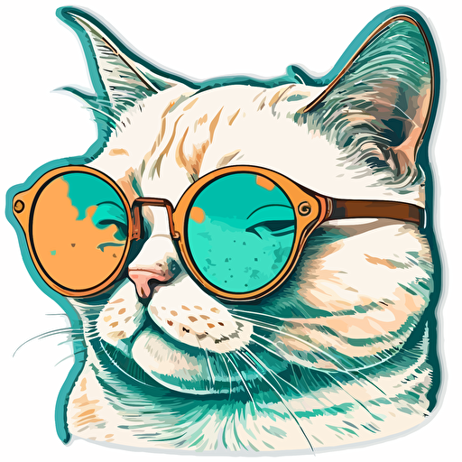 sticker vector art with a white transparent background, 60s style colourway of a cat smiling with glasses on