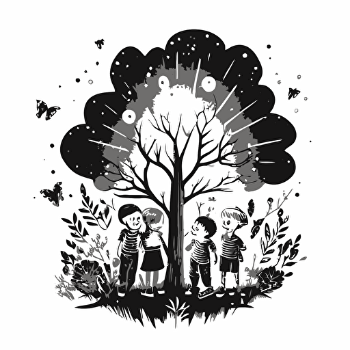Black and white vector illustration of three little boys and one little girl laughing around a magical tree