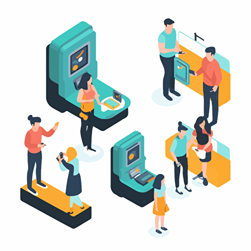 detailed vector animation of happy customers using machine and devices