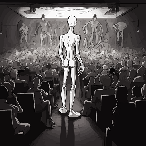 Stand up comedy show. Point of view from the presenter behind microphone. Audience are humanoid animals. Black and white, dark, moody, vector, unreal engine, ultra detailed