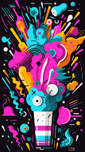 Creativity explosion in vector art, cartoon style, duolingo style, objects with a black stroke, beautiful colors, pastel and neon background