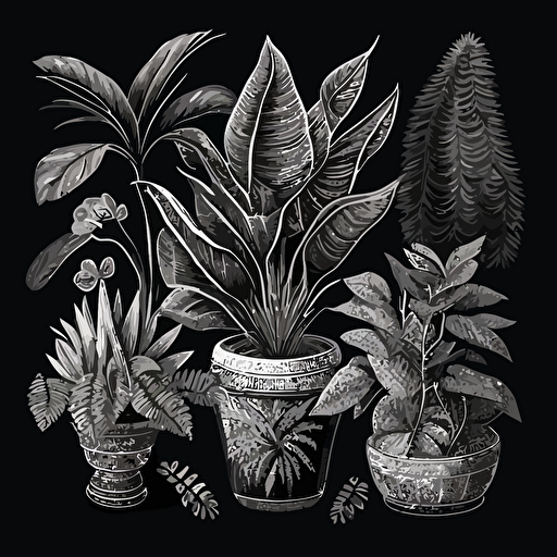 vector family of beautiful houseplants in ceramic pots outlined in white on black textured paper, pencil, sharp and detailed, black and white outline, no fill, include a majestic palm and snake plant, logo