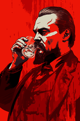 side view of Leonardo dicaprio in django unchained holding a small glass, front view, poster, vector, gritty, detailed, red background