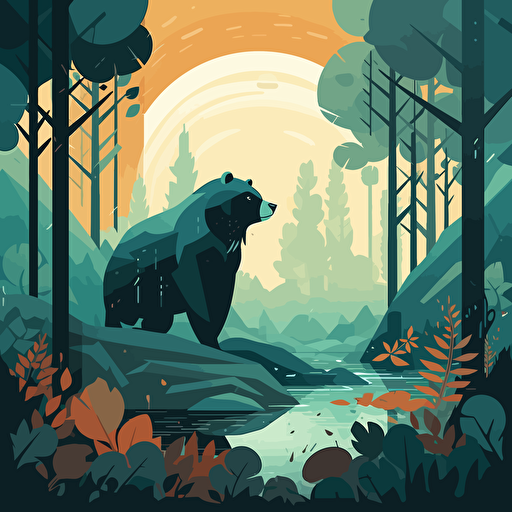 a flat illustration of a bear in a forest by killian eng, adobe illustrator, vector, poster
