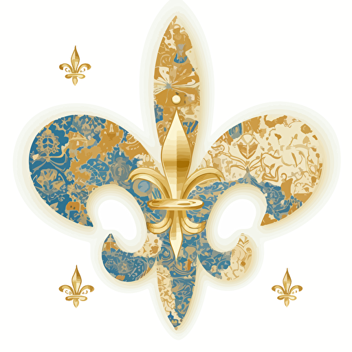Blue and gold fleur de lys, gold world map insde vectorized, illustrator, flat, 2d, white background
