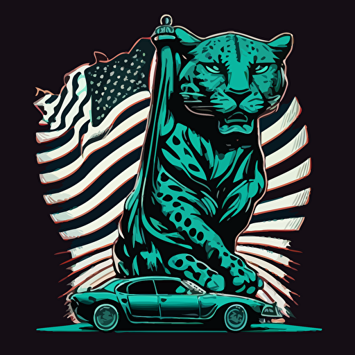 vector mascot style statue of liberty stands next to a jaguar american flag background