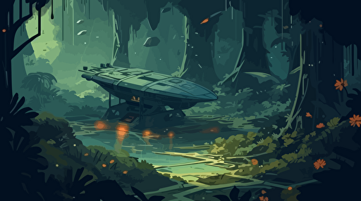 an impact site from a crash-landed ship on a foreign jungle planet in the middle of a forest, slightly dark, mysterious, birds-eye view of crater surrounded by foreign flora, flat vector illustration