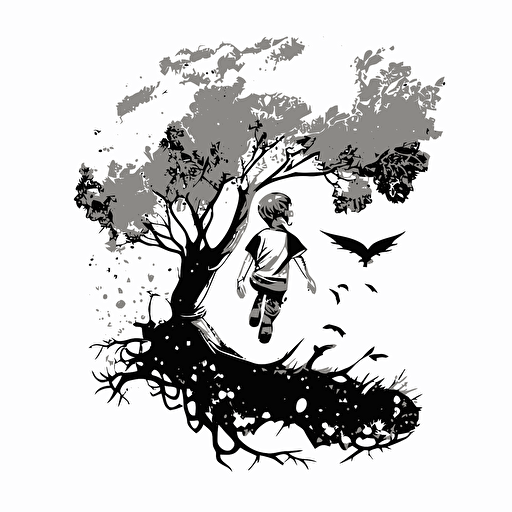 Little boy flying above magical tree. black and white vector illustration