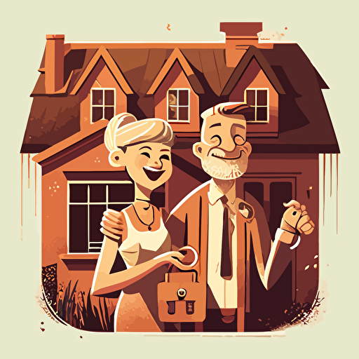 vector ilustration of happy couple receiveing keys to their new home