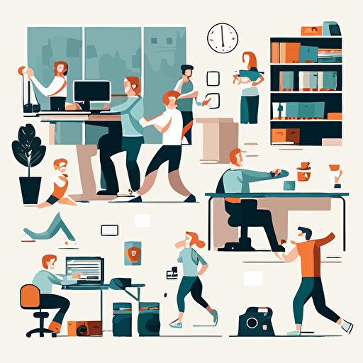 People in the office doing stretches and working out vector art