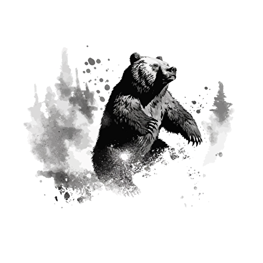 bear making a hang ten symbol with one paw, black and white illustration, simple vector, white background ::blob brush style