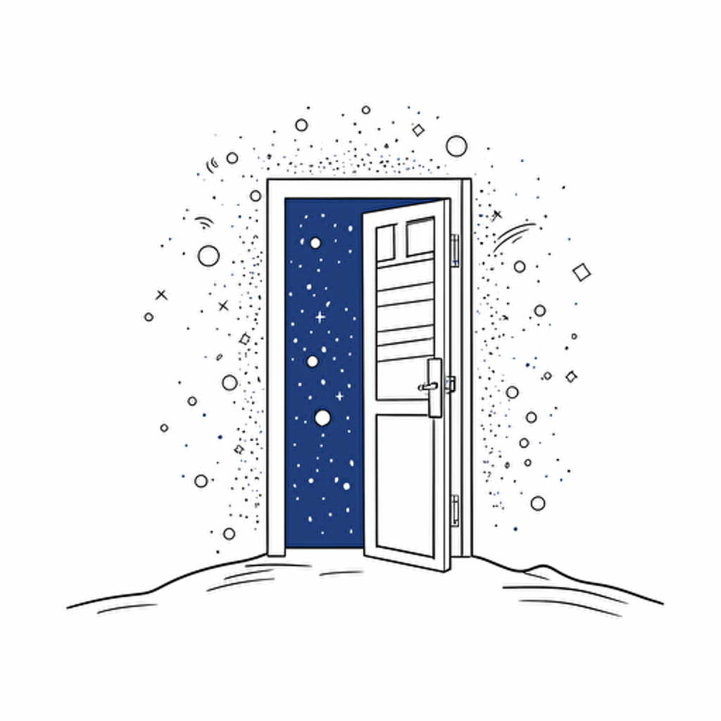 door open to the universe, minimal, vector, doodle, royal blue, simple, clean, white background