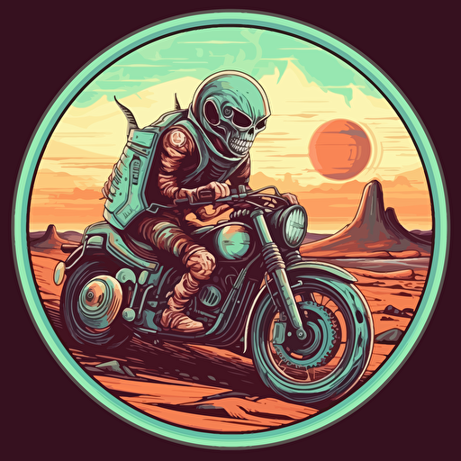 A Roswell crash site Alien as a biker, riding a harley-davidson style motorcycle, vector design, flat vibrant separated colors, no background