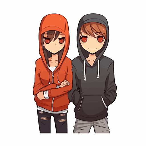 cute boy and girl hackers, white background, standing back-to-back with their arms folded in front of them, looking at the camera. cartoonish, vector, manga