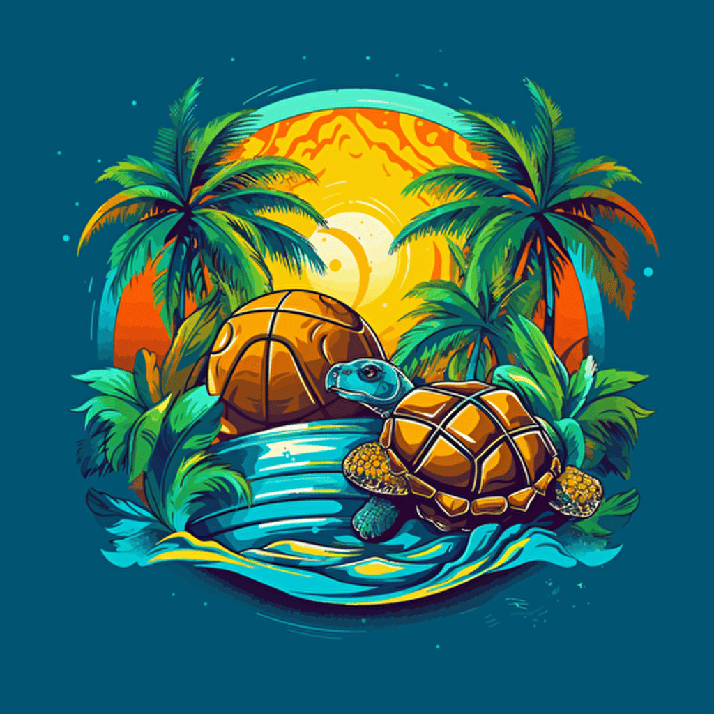 vector nba logo in a tropical theme with a turtle and in green, yellow, blue scheme, closed shape,