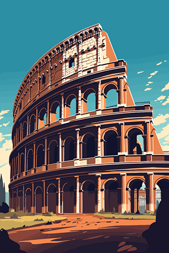 front view of the colosseum, blue sky, vector design, minimalist, flat