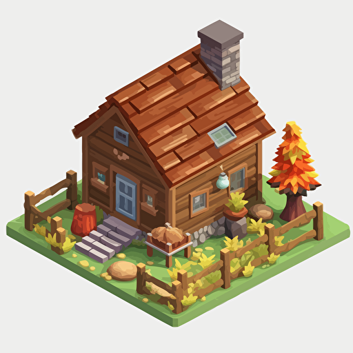Low poly Cartoon vector style simple wooden hut, house of park ranger, isometric view, transparent background