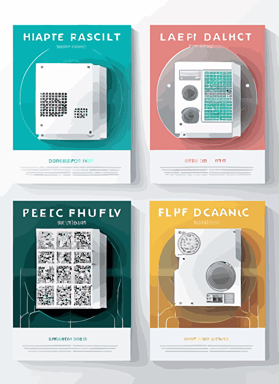 tech product flyer cover page, four different products in grid, flat vector design, white background, large heading at top, modern, minimalist, corporate