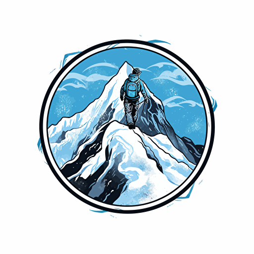 alpine climber logo, snowy mountain, black to ice blue, carabiner, vector white back ground