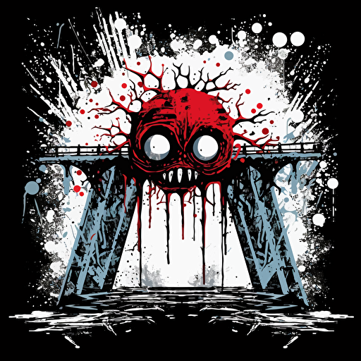 horror logo of a monster under a rickety bridge, splatter art, vector,