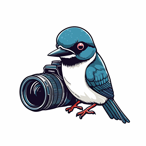 a DSLR camera with a cute apus apus bird perched on top, white background, vector logo, vector image, simple, three color, blue, black, white,