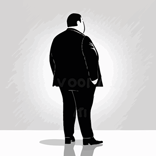 Black and white. back view of a fat kid wearing a buisness suit standing. Simple Vector Art. White background