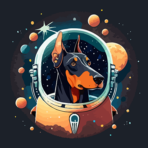 Vector illustration of doberman in spacesuits, the dog wearing a transparent sphere on his head, a dog in a spacesuit is also floating near spaceship , The background includes stars and spacecraft in space,This design conveys the mysterious and fascinating world of outer space while also incorporating the cuteness of a dog, resulting in a unique and captivating design, no flame,