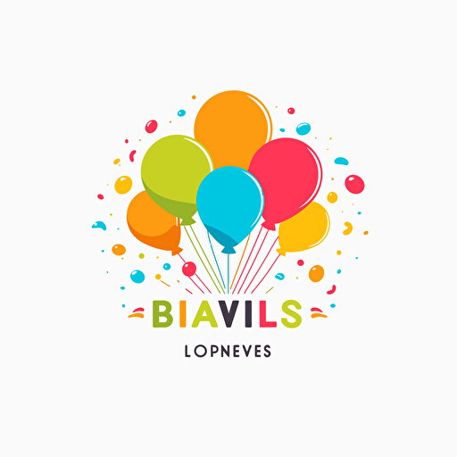 concept for logo of kids event company, baloons, vivid colors, text in the center, white background, vector, flat design, organic shape