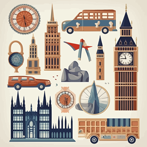 a set of stickers paper cutouts for scrapbooking collage UK themed. Vector image of Westminster London, full view, highly quality, no text, illustration, morning light, no text