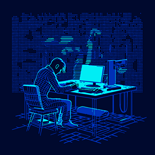 A person writing on a desk，neon,abstract, kingdom pixel art style, strong contrast, vector, blue background
