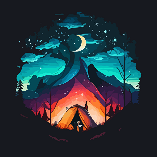 surreal outdoor camping with night sky, vector,logo