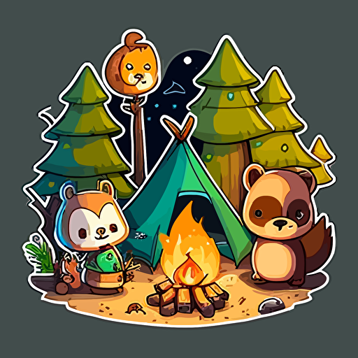 cartoon campsite, woodland animals, campfire, vector art sticker
