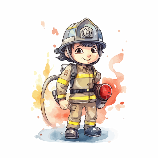 cute firefighter, detailed, cartoon style, 2d watercolor clipart vector, creative and imaginative, hd, white background