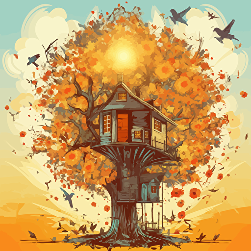 big tree, tree house, birds, flowers, sun, vector image
