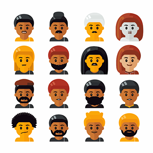 one color on a white background diverse African american male lego heads with hair flat vector minimalist style